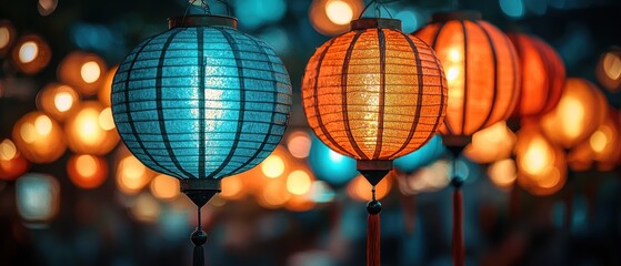 Obraz premium Two Illuminated Lanterns Hanging Against a Blurred Background of Lights