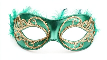 Green satin mask with a feather trim and glittering details, perfect for a lively night party, isolated on white background