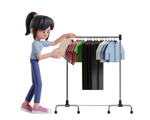 3D Rendering of Fashionable Girl Choosing New Clothes to Buy