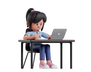 3D Character Rendering of Young Girl Working on Laptop at Desk While Writing Notes