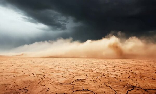 Dramatic Dust Storm Over Parched Desert Landscape with Dark Stormy Sky