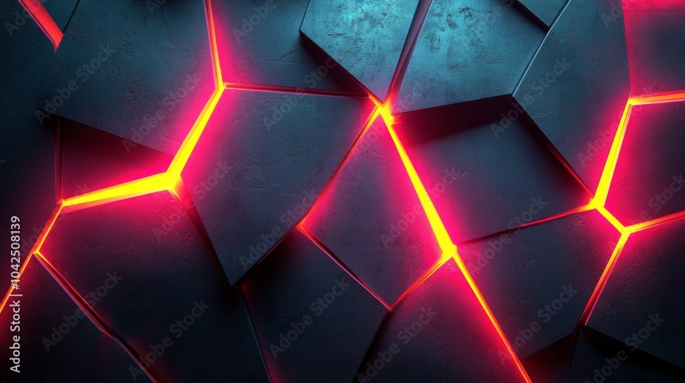 Poster The artwork displays a close-up of a striking abstract wall made of hexagonal panels, with vibrant red lighting illuminating the edges, creating a dynamic visual effect.