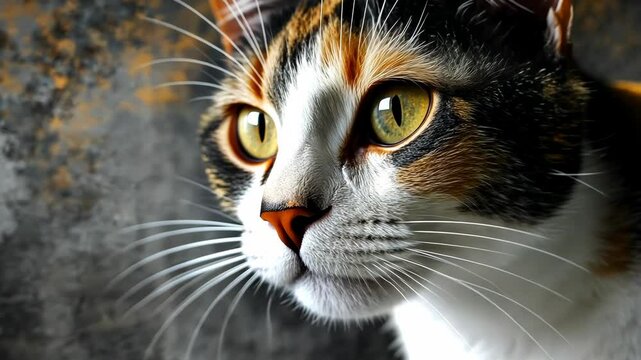 A close-up of a calico cat with bright yellow eyes looking intently into the distance