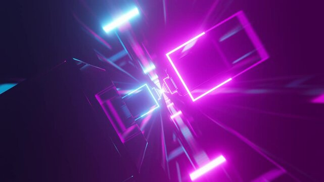 Abstract Background with Blue and Violet Neon Lines and Geometric Objects in Futuristic Conceptual Cosmic Tomorrow Aesthetic Style, Technological 4K Animation, Looping Stock Video, 3D Rendering