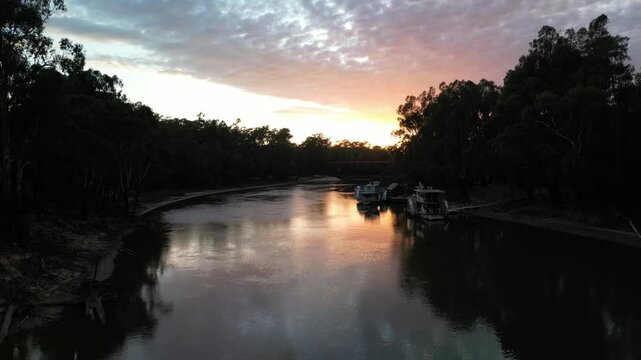 Aerial of the Murray River at Sunset with still reflection on water