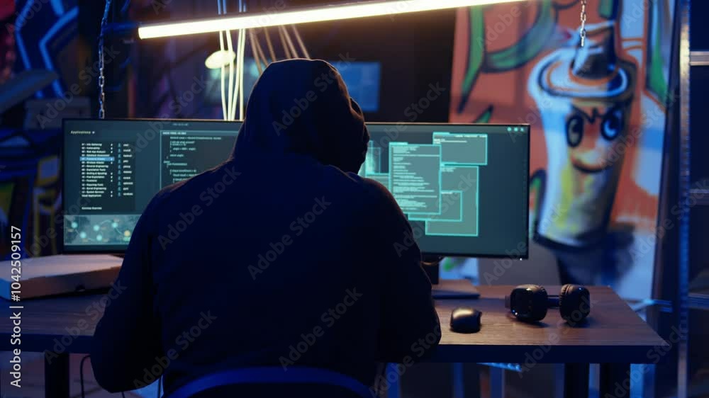 Poster hooded man in underground hideaway utilizing technical knowhow of bugs and exploits to break into co