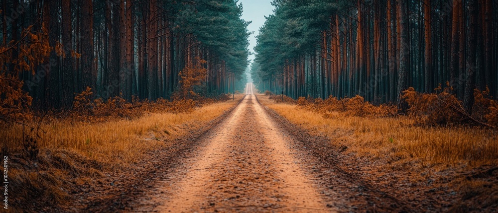 Poster a dirt path through a dense forest of tall trees