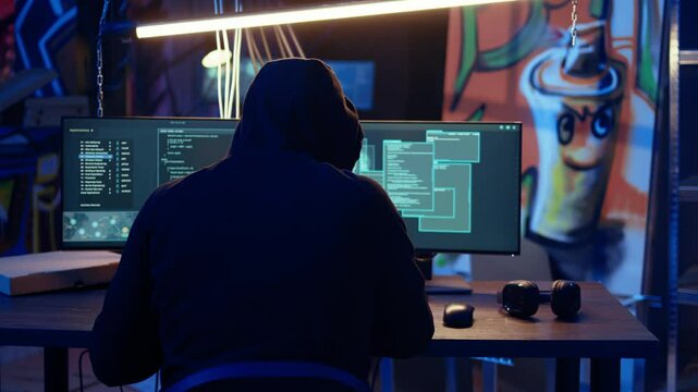 Hooded man in underground hideaway utilizing technical knowhow of bugs and exploits to break into computer systems and access valuable data, bypassing firewalls and login process, dolly in shot