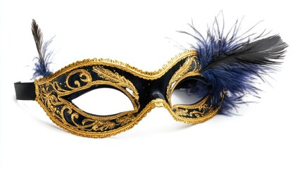 Velvet mask with gold trim and a dramatic feather plume, ideal for a luxurious night party, isolated on white background