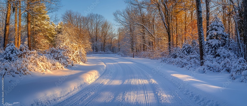 Poster a snow-covered path through a wintery forest