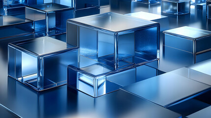 Obraz premium Abstract arrangement of blue glass blocks reflecting light.