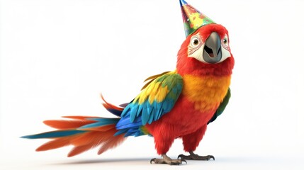 Obraz premium Adorable cartoon parrot wearing a party hat and smiling brightly, ready to celebrate, isolated on white background