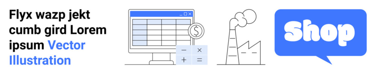 E-commerce theme with computer screen displaying financial data, calculator, and factory. Ideal for e-commerce, technology, manufacturing, finance, and web development. Banner for landing page