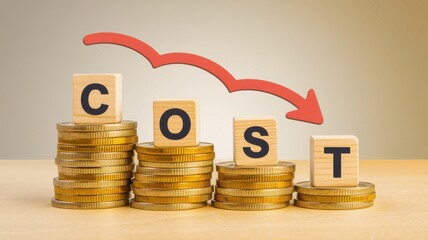 A stack of coins and wooden blocks with the word cost written on it
