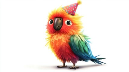 Fototapeta premium Adorable cartoon parrot with fluffy feathers and a tiny party hat, isolated on white background