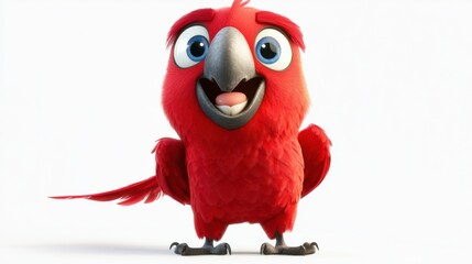 Fototapeta premium Bright red cartoon parrot with an exaggerated happy smile, standing proudly, isolated on white background