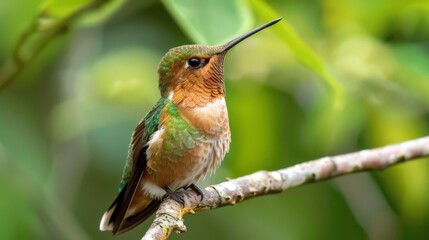 Naklejka premium A small hummingbird with a long beak perches on a branch, its green and brown plumage contrasting with the lush green foliage behind it.