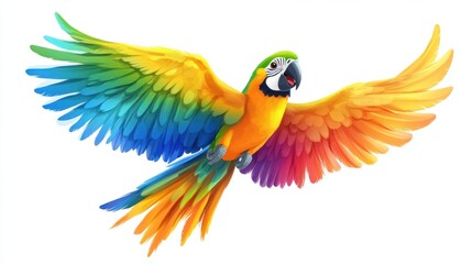 Obraz premium Cartoon parrot with a rainbow of feathers, flying happily, isolated on white background