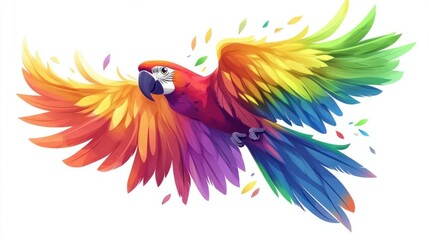 Obraz premium Cartoon parrot with a rainbow of feathers, flying happily, isolated on white background
