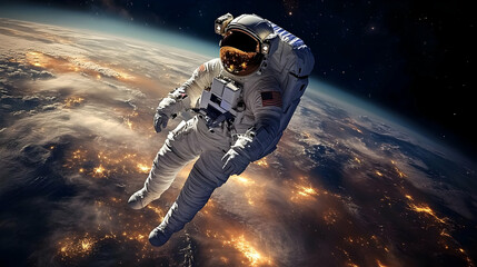 Obraz premium Astronaut floating in space above Earth, showcasing exploration.