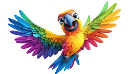 Obraz premium Colorful cartoon parrot with rainbow feathers, perched happily with a big grin, isolated on white background