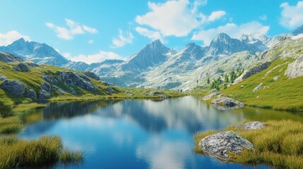 Fototapeta premium A serene mountain lake with crystal-clear water reflecting the majestic peaks and the bright blue sky.