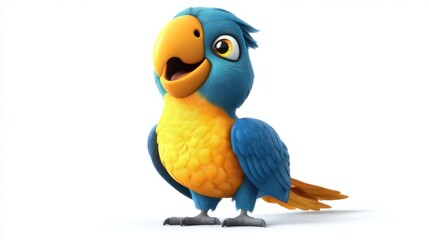Cute cartoon parrot with a big yellow beak and a joyful stance, isolated on white background