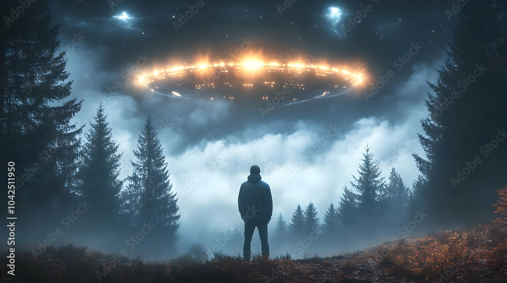 Wall mural A mysterious figure gazes at a hovering UFO in a foggy forest.