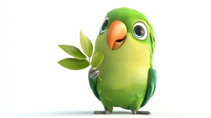 Fototapeta premium Friendly cartoon parrot holding a small leaf in its beak, with bright green feathers, isolated on white background