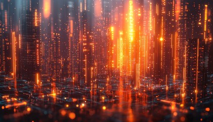 Fototapeta premium Futuristic Cityscape with Glowing Towers and Digital Grid