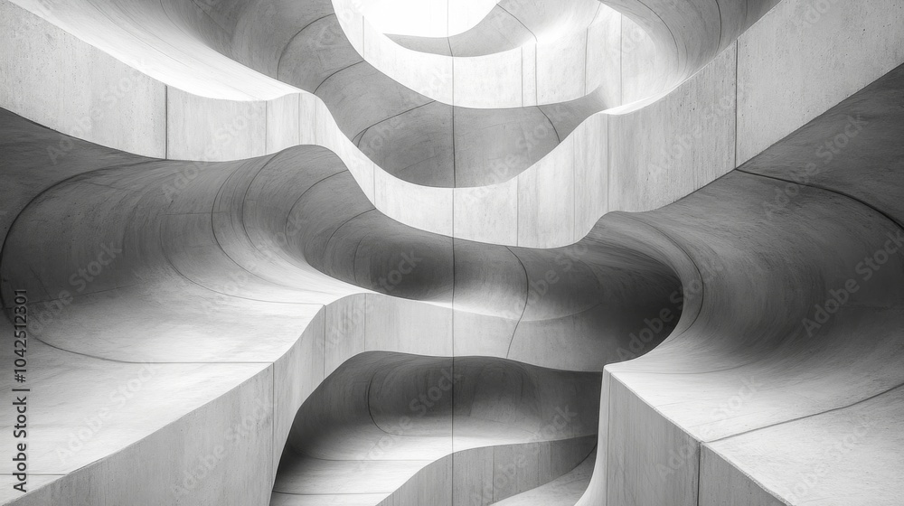 Poster The composition showcases an array of smooth, curved concrete surfaces that blend seamlessly, highlighted by gentle natural lighting. The design emphasizes modern architecture and fluid geometry.