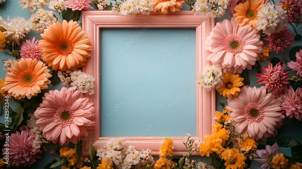 Wall mural A floral arrangement surrounding a blank picture frame on a blue background.