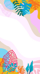 Background design for social media. Abstract illustration with jungle exotic leaves, colorful design, trendy editable template for social network stories. vector