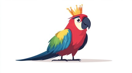 Fototapeta premium Happy cartoon parrot with a tiny crown, looking proud and regal, isolated on white background