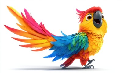 Obraz premium Happy cartoon parrot with multicolored feathers and a playful pose, isolated on white background