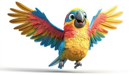 Fototapeta premium Playful cartoon parrot flapping its wings with excitement, multicolored feathers, isolated on white background