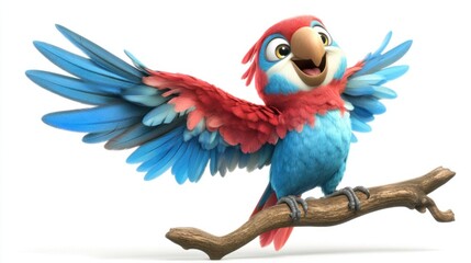 Fototapeta premium Playful cartoon parrot with red and blue wings, smiling and perched on a branch, isolated on white background