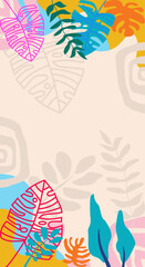 Background design for social media. Abstract illustration with jungle exotic leaves, colorful design, trendy editable template for social network stories. vector