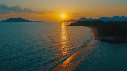 Fototapeta premium Aerial view of a beach at sunset with a golden light reflecting on the water.
