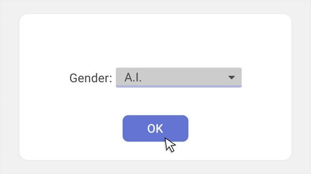 Computer screen with gender selection bar in online questionnaire form or website survey or sign up process. Mouse arrow pointer clicking and choosing A.I. artificial intelligence for gender question