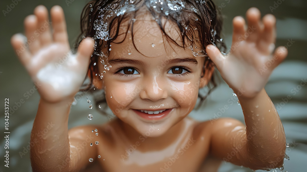 Wall mural Happy child playing in water, enjoying a joyful moment.