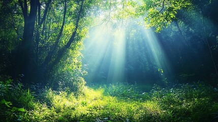 Obraz premium Serene Forest with Dappled Sunlight Rays