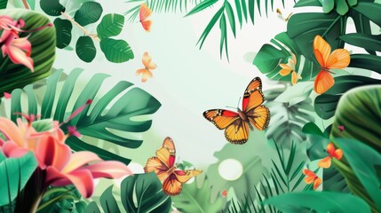 Bright Butterflies in a Tropical Greenery Scene