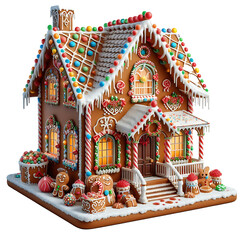 Naklejka premium A gingerbread house decorated with icing and candy, isolated on a white background, transparent PNG