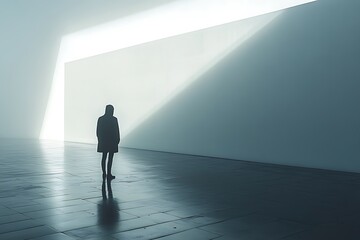 Silhouetted person in an empty room with bright light