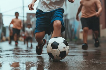 Fototapeta premium A Group of Kids Playing Street Soccer in an Urban Neighborhood, Sports Photography