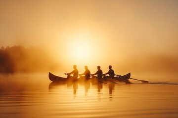 A Team of Rowers Synchronizing Their Strokes on a Foggy Lake at Dawn, Creating Rhythmic Ripples in the Water, Sports Photography