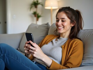 Happy woman using smart phone while relaxing on sofa. Generated AI