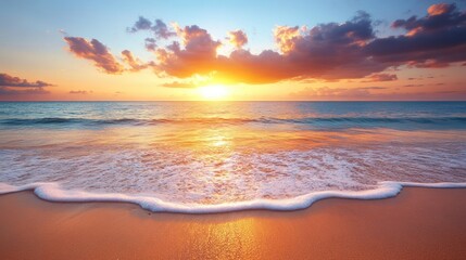 Fototapeta premium A stunning sunset over the ocean, with the sun shining through the clouds and reflecting on the waves.