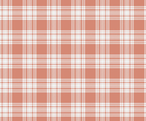 Plaid fabric pattern, orange, white, elegant cross lines, seamless for textiles, and for designing clothes, skirts or decorative fabrics. Vector illustration.